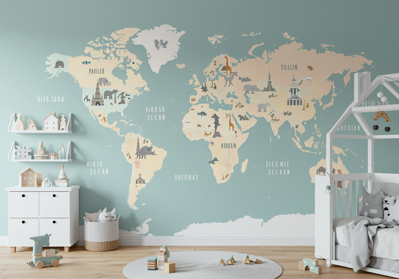детска тапета мапа на светот тиркизна